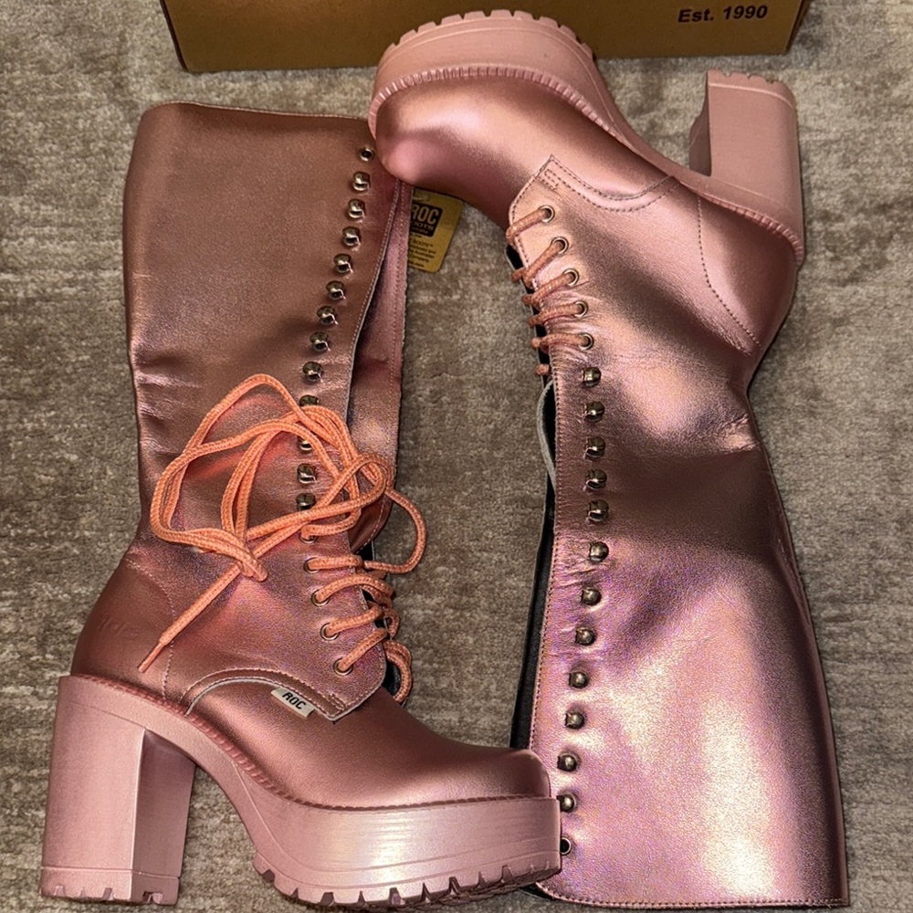 ROC Boots Australia Knee High Lace Boots Pink Metallic Boots 37
